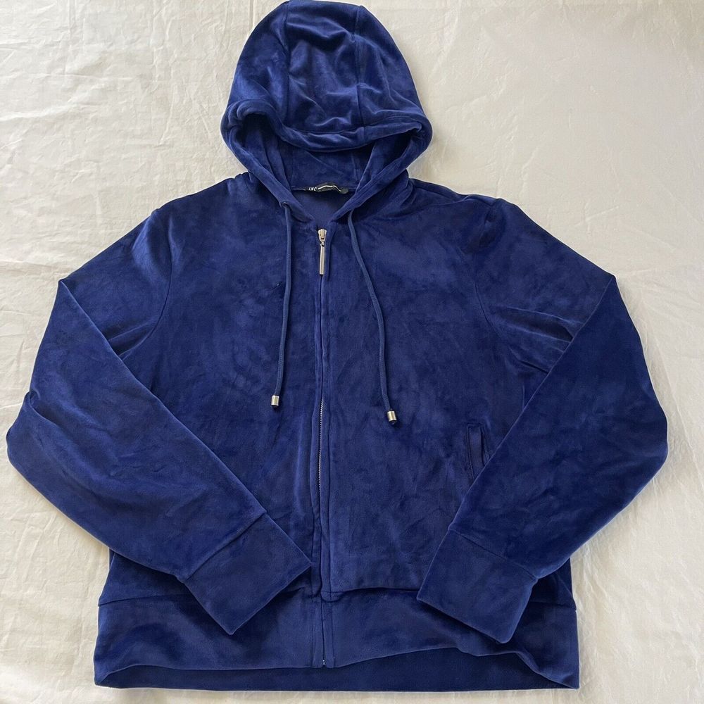 INC Women's Velour Zip Up Hoodie Size Medium Royal Purple